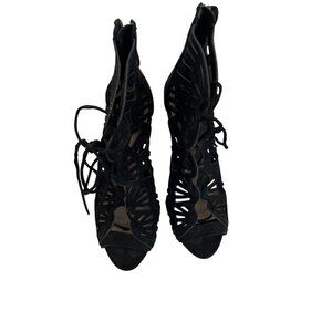 Zara Lace-Up Peep Toe Black Stiletto Heels With Cut-Out Design